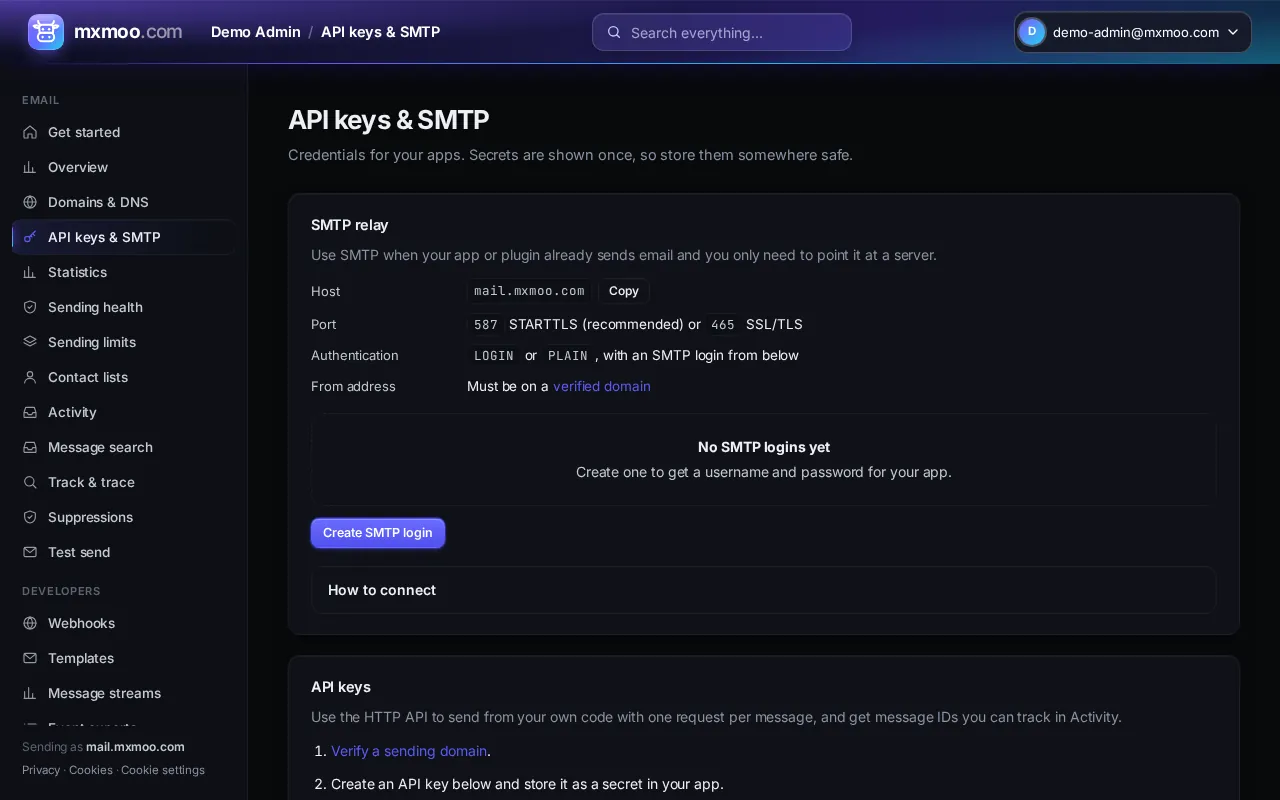 API keys and SMTP screen
