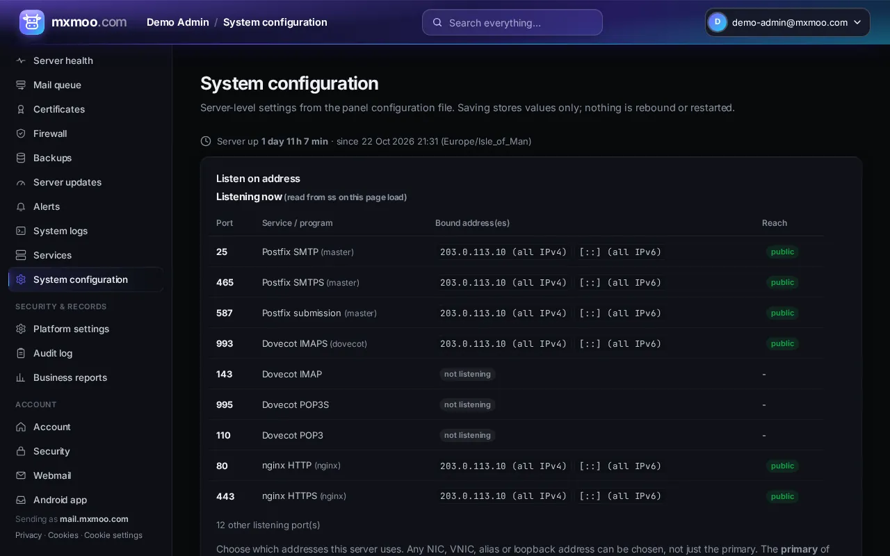 System configuration screen